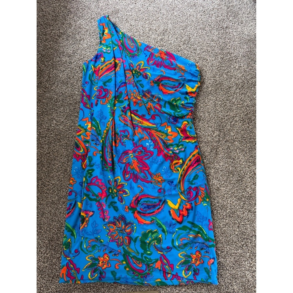 Lauren Ralph Lauren Sz. 14 One Shoulder Blue Tropical Dress Cocktail Resort